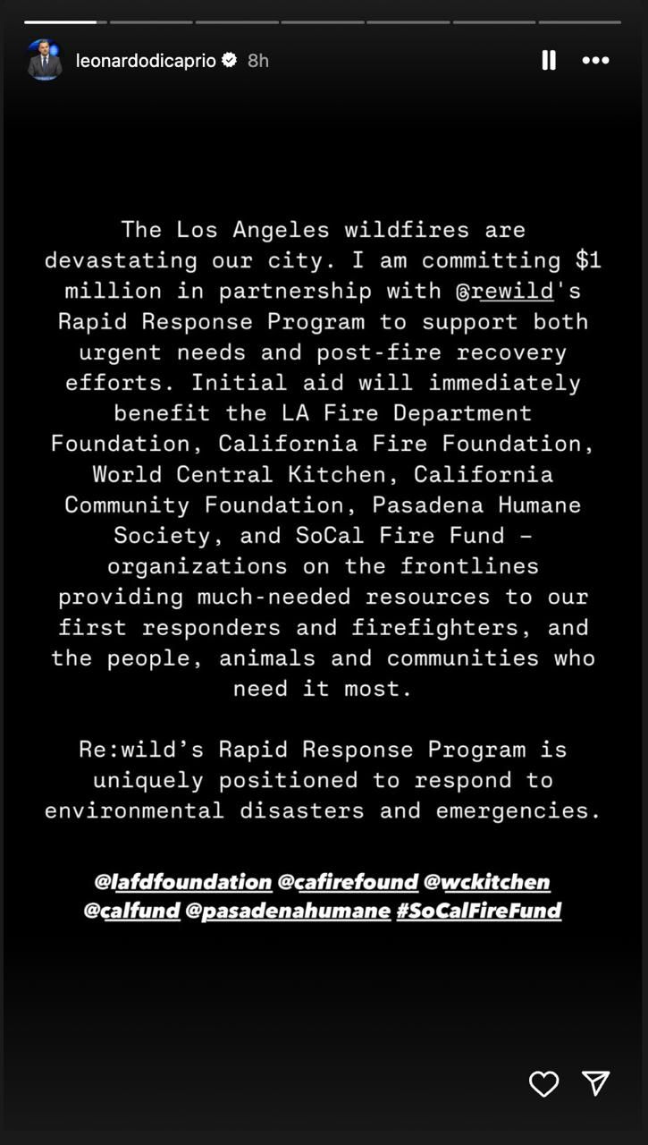 Leonardo DiCaprio's Instagram story on the California wildfire