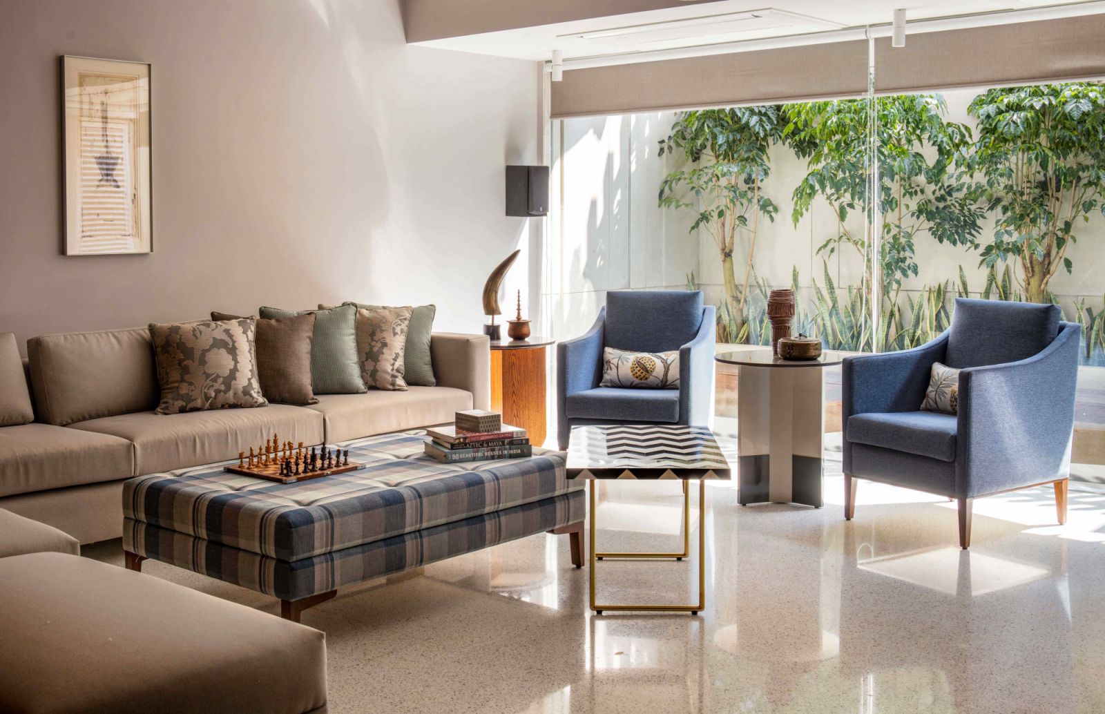 The light-filled lounge area in the basement