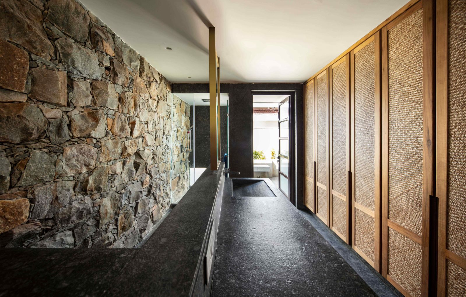 The master bathroom, designed to mimic an outdoor bathing experience
