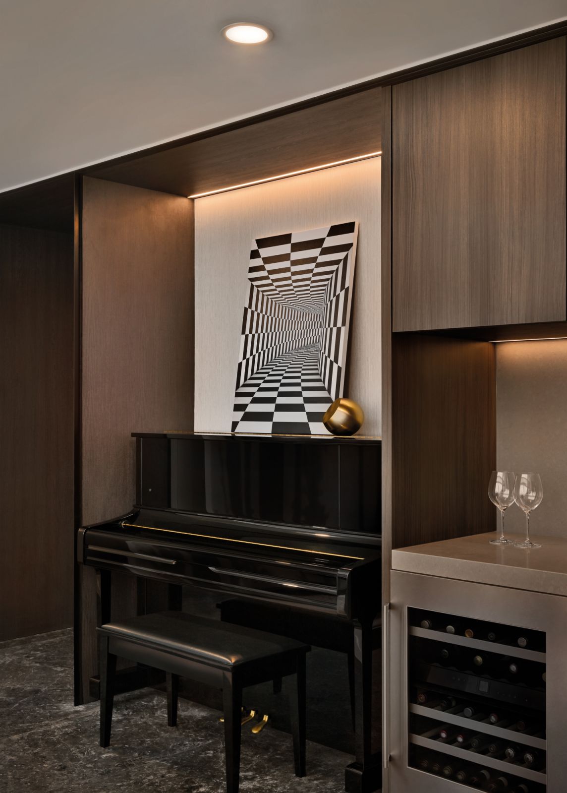 An optical illusion artwork brings a contemporary edge to this corner