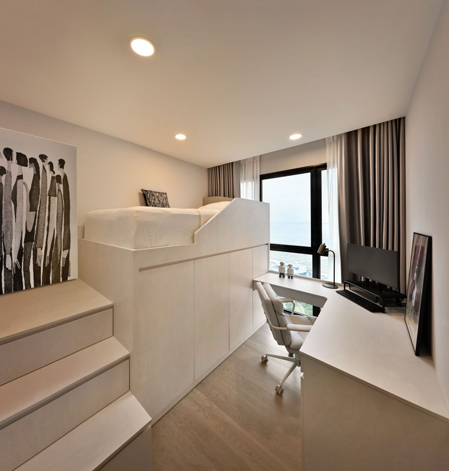 In another child’s bedroom, the carpentry includes a study desk that wraps around one corner of the room