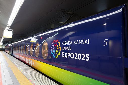Osaka, Japan - May 3, 2018 : Nankai 50000 series train with Osaka-Kansai Japan EXPO 2025 promotion at Kansai International Airport Station in Osaka, Japan.