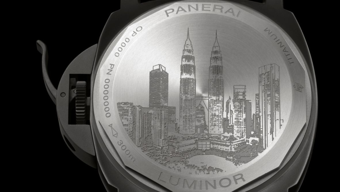 The caseback of the Panerai Luminor PAM1957 is engraved with the iconic KLCC skyline