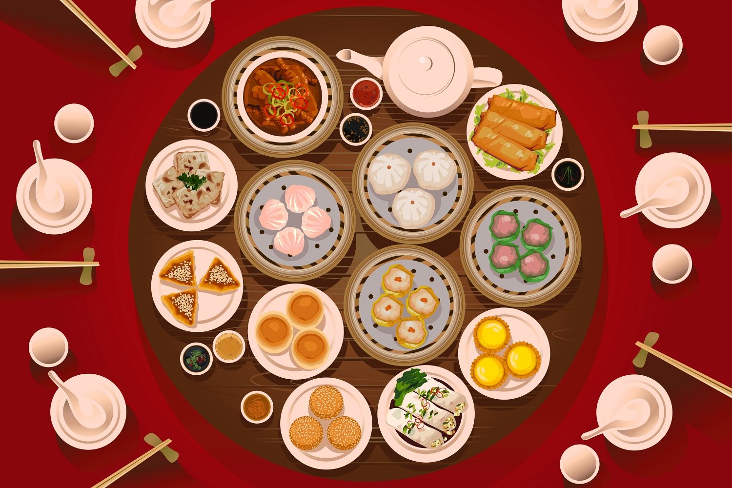 A vector illustration of dimsum on the table viewed from above