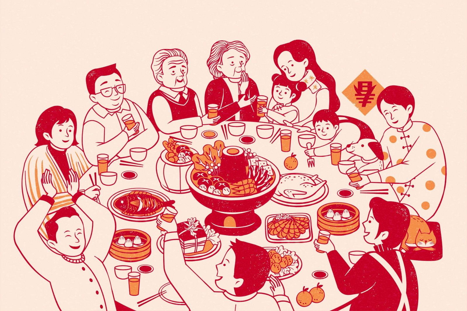 Extended family lively reunion dinner in line style on beige background, Chinese text translation: spring