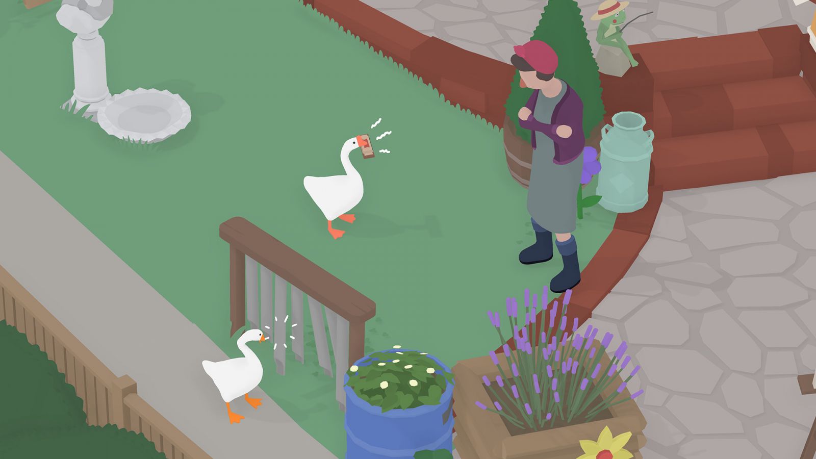 Two geese annoying a person in 'Untitled Goose Game' (Photo: Panic/Steam)