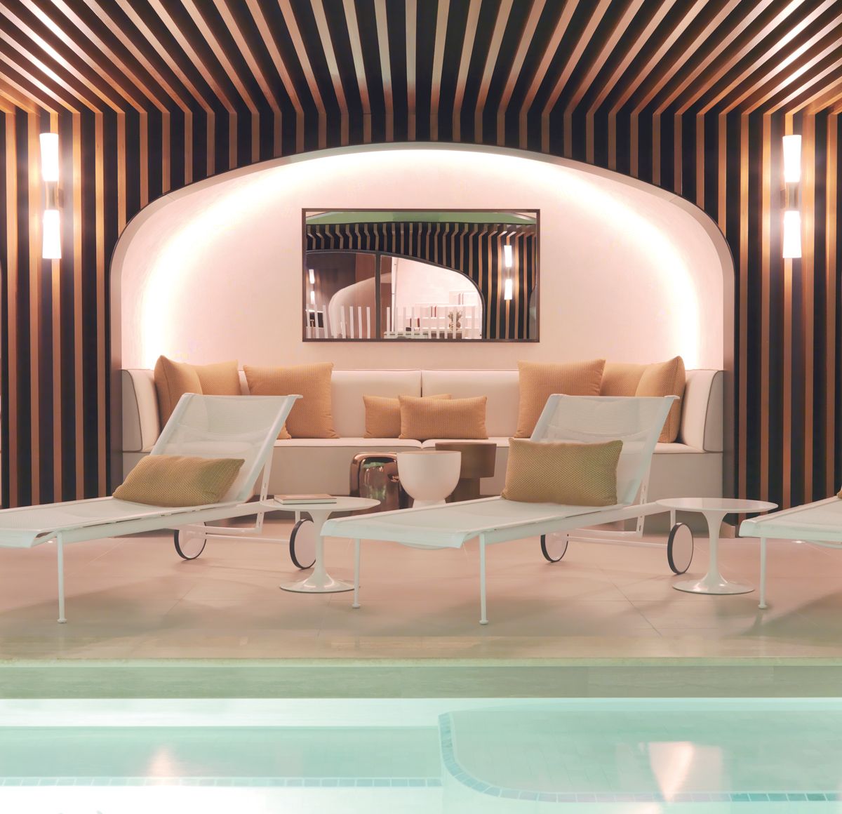 the chic poolside lounge at the spa at Hôtel d’Aubusson