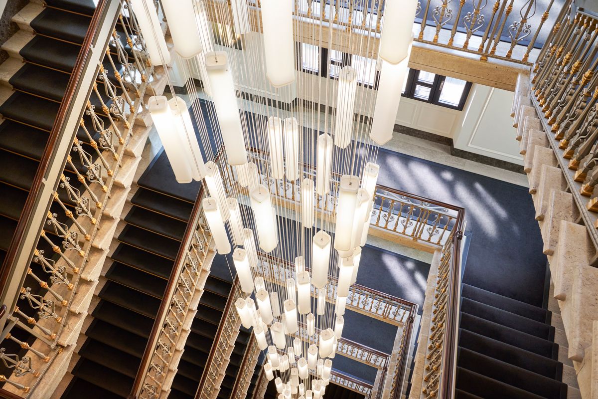 A stunning chandelier inside the Hotel Gallia in Milan