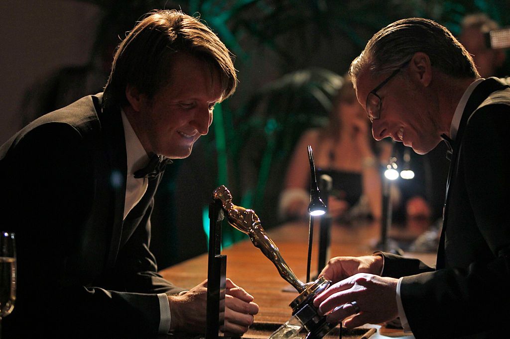 Tom Hooper, director of "The Kings Speech, has his winning Oscar engraved at the Governors Ball following the Oscars on February 27, 2011. (Photo by Gary Friedman/Los Angeles Times via Getty Images)