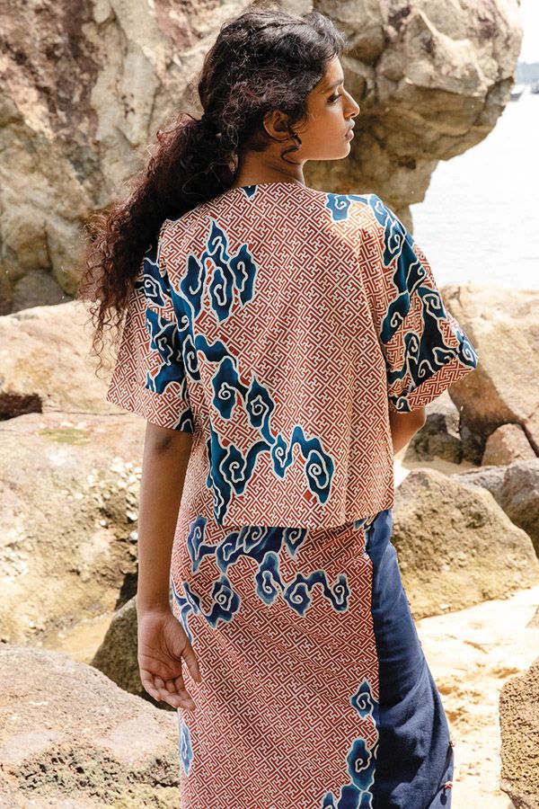The brand’s cropped top and trousers in Asmara Indigo