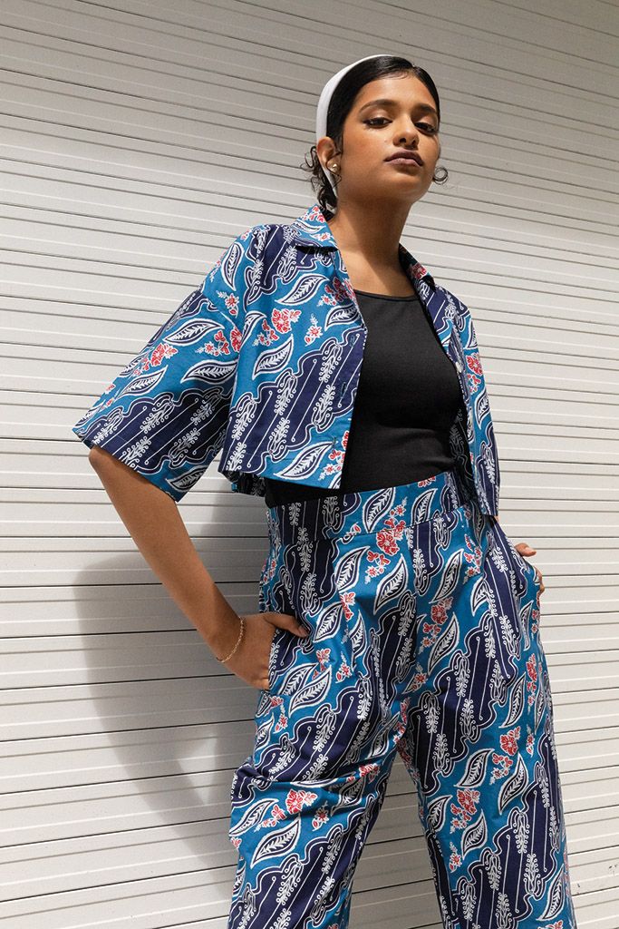 The brand’s cropped top and trousers in Asmara Indigo