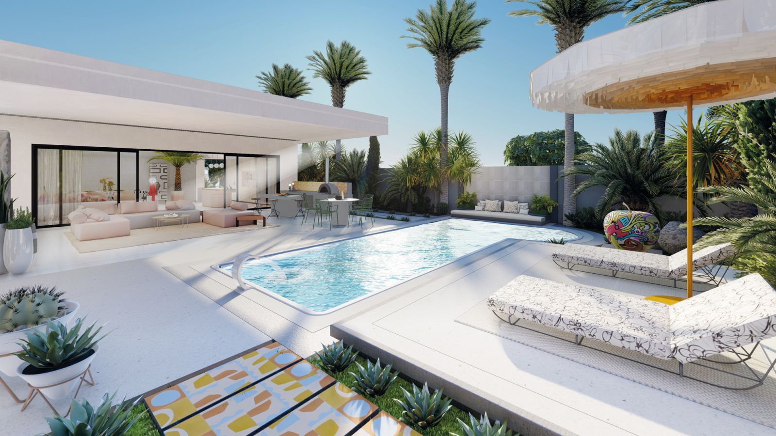 The use of dopamine-inducing colours and textures defines Miaja Design Group’s design strategy for Villa Mare Canary Islands at the pool area