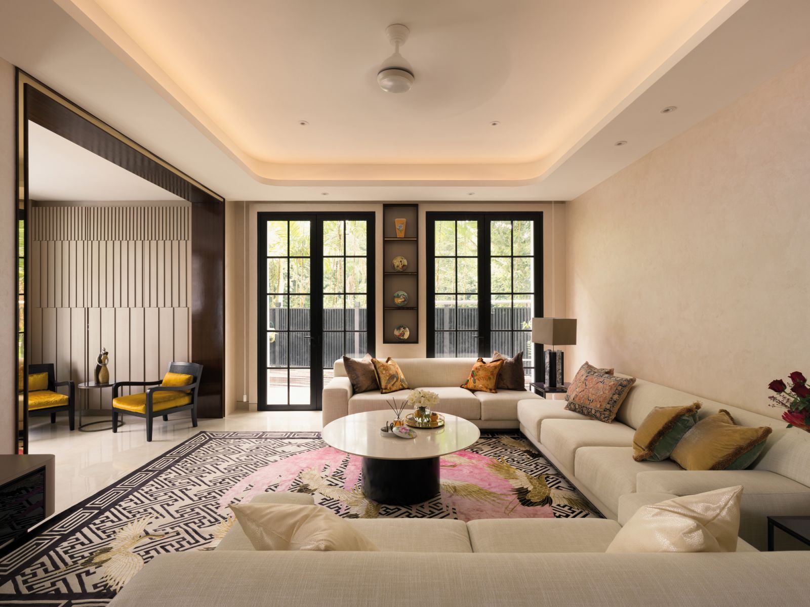 Inside the black-and-white bungalow
