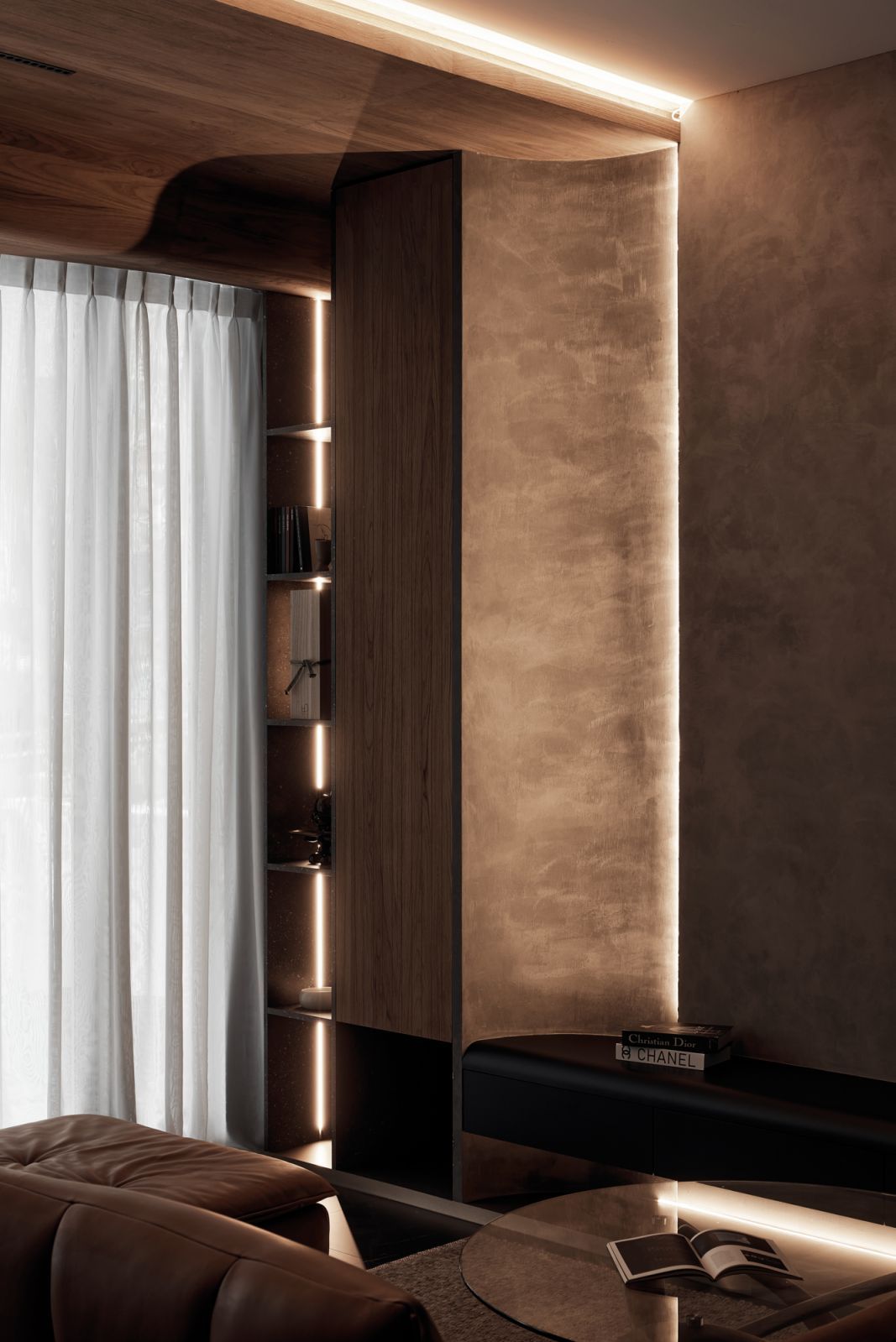 A corner space that’s been cleverly allocated for display shelves
