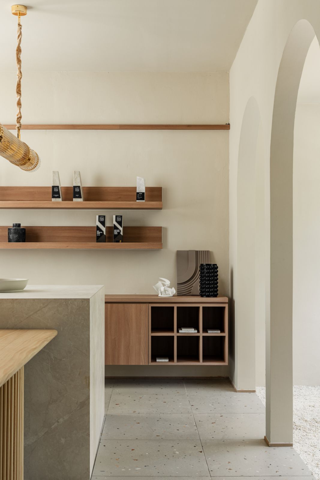 The studio’s pantry, where neutral tones and natural materials create a calm respite