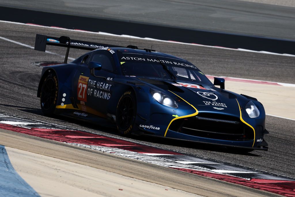 BAHRAIN, BAHRAIN - NOVEMBER 03: The #27 Heart of Racing Team Aston Martin Vantage AMR LMGT3 of Mattia Drudi (ITA) in action at the WEC Rookie Test at the Bahrain International Circuit on November 03, 2024 in Sakhir, Bahrain. (Photo by James Moy Photography/Getty Images)