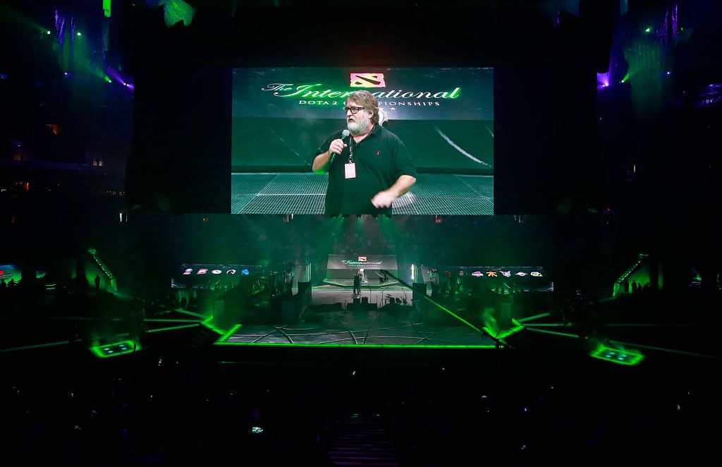 VANCOUVER, BC - AUGUST 20: Valve CEO Gabe Newell speaks to the crowd during the opening ceremonies of the first day of the International 2018 Dota 2 Championships at Rogers Arena on August 20, 2018 in Vancouver, Canada. (Photo by Jeff Vinnick/Getty Images)