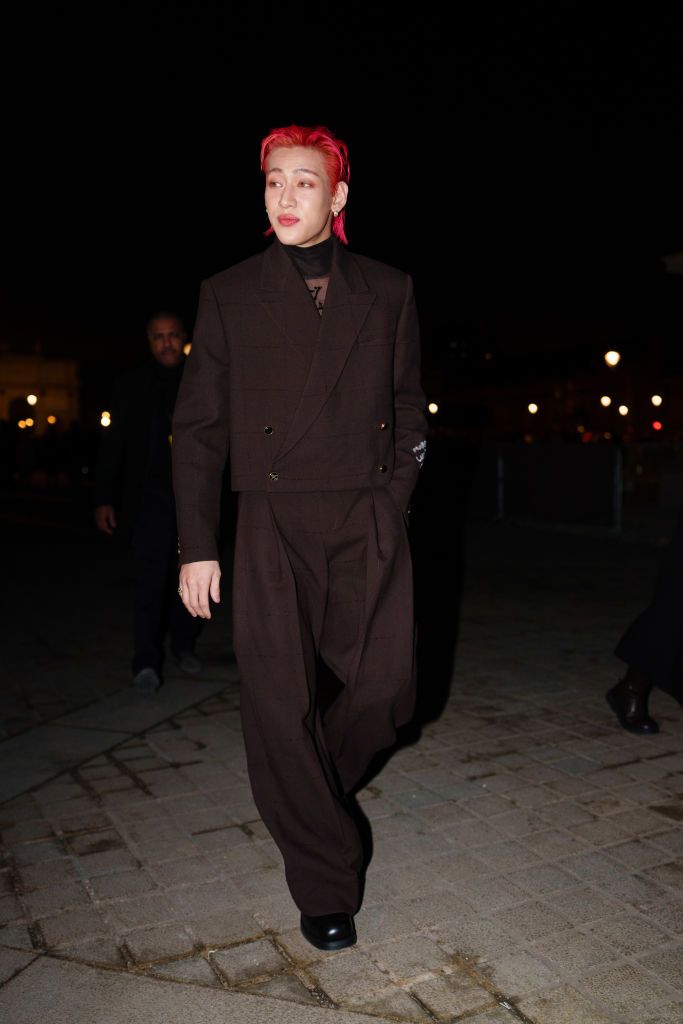 PARIS, FRANCE - JANUARY 21: BamBam wears a brown cropped double breasted blazer jacket , flared pants, before the Louis Vuitton Menswear Fall-Winter 2025/2026 show as part of Paris Fashion Week on January 21, 2025 in Paris, France. (Photo by Edward Berthelot/Getty Images)