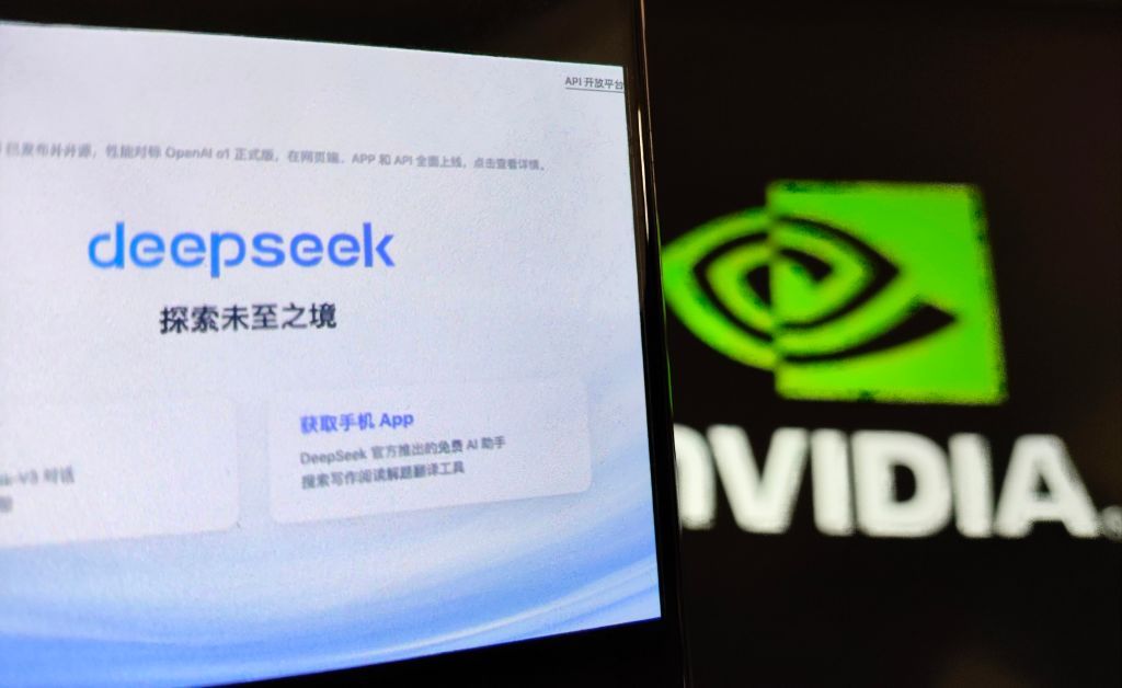 SUQIAN, CHINA - JANUARY 28: In this photo illustration, a DeepSeek logo is displayed on a computer screen with an Nvidia logo in the background on January 28, 2025 in Suqian, Jiangsu Province of China. (Photo by VCG/VCG via Getty Images)