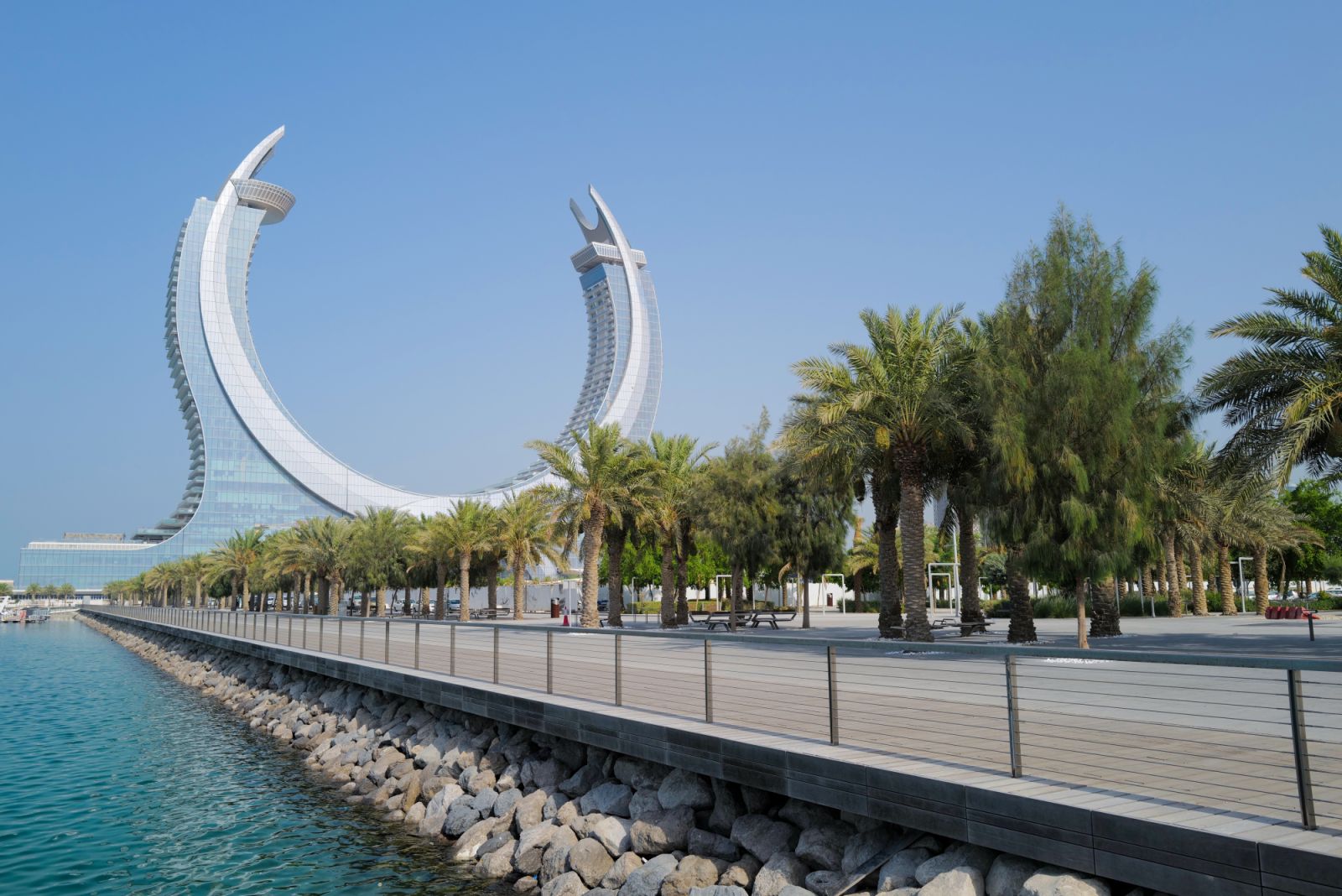 The Katara Towers, a skyscraper housing two hotels in Doha, Qatar. (Photo by Matthew Ashton - AMA/Getty Images)