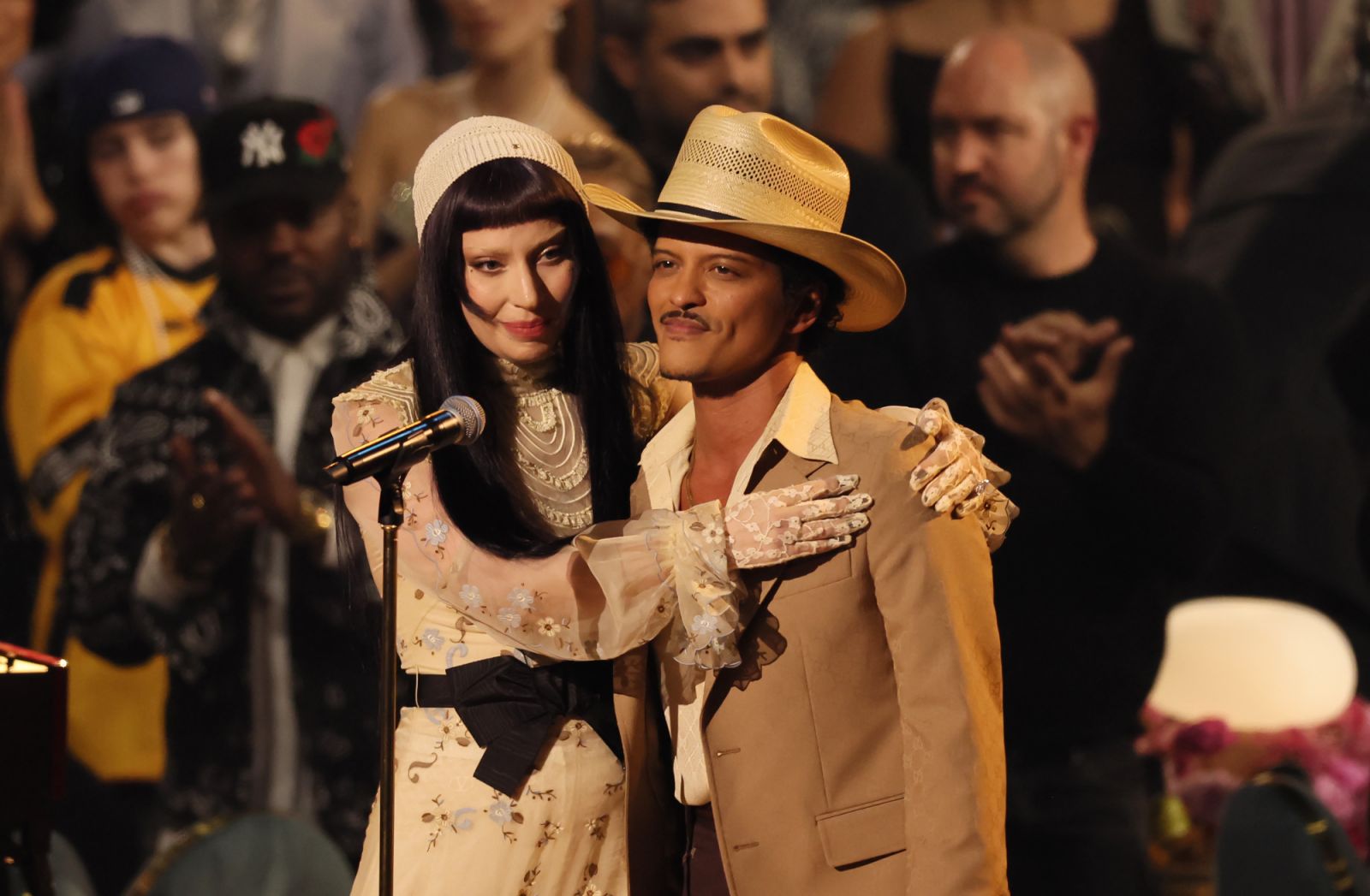 Los Angeles, CA - February 2, 2025: Lady Gaga and Bruno Mars at the 67th Grammys Awards held at the Crypto.com Arena in Los Angeles, CA Sunday, Feb. 2, 2025. (Robert Gauthier / Los Angeles Times via Getty Images)