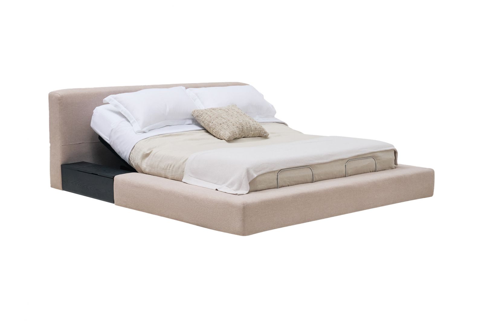 The Jasper bed features a wide upholstered platform and optional timber storage compartment