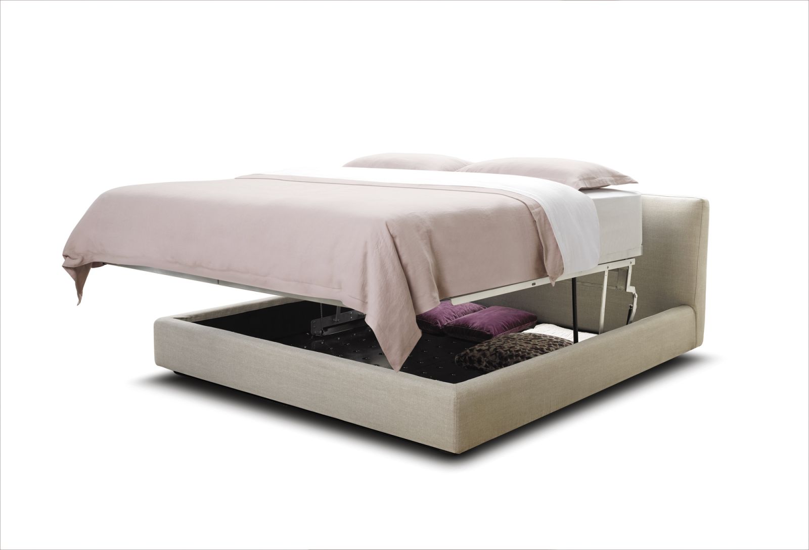 King Living’s Promenade bed incorporates a gas lift to facilitate changing the bedclothes and accessing the storage space