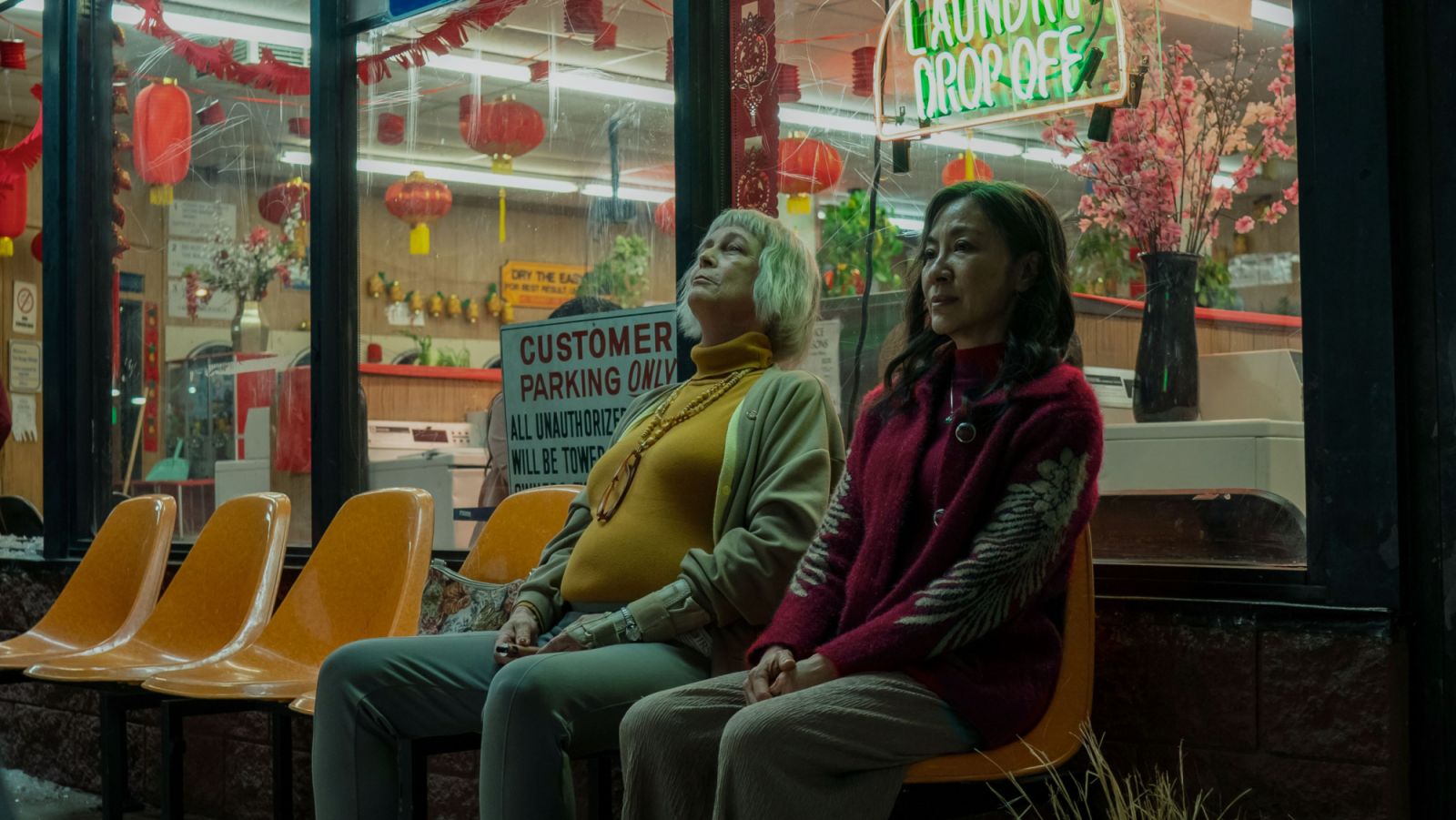 Jamie Lee Curtis as Deirdre Beaubeirdre and Michelle Yeoh as Evelyn Quan Wang in ‘Everything Everywhere All at Once’ (Photo: A24)