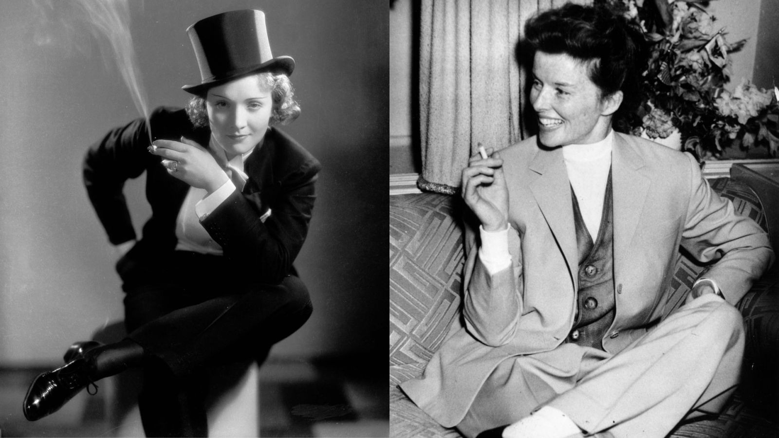 Old Hollywood actors Marlene Dietrich and Katharine Hepburn decked out in suits, setting the precedent for women rocking menswear options (Photo: Getty Images, stylised with Canva)