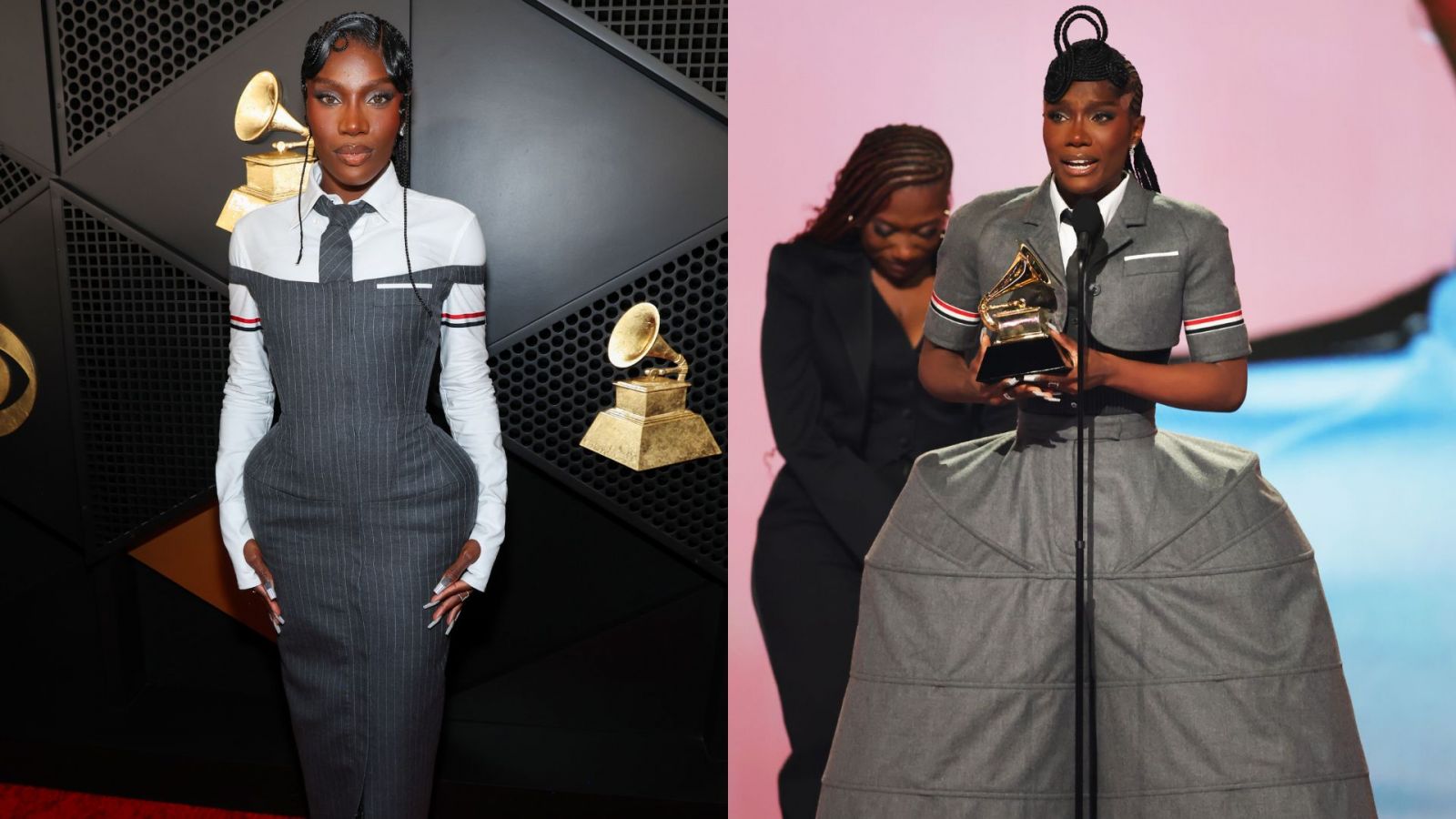 Doechii at the 67th Annual Grammy Awards in two ensembles by Thom Browne. She wore a total of four throughout the night (Photo: Getty Images, stylised with Canva)