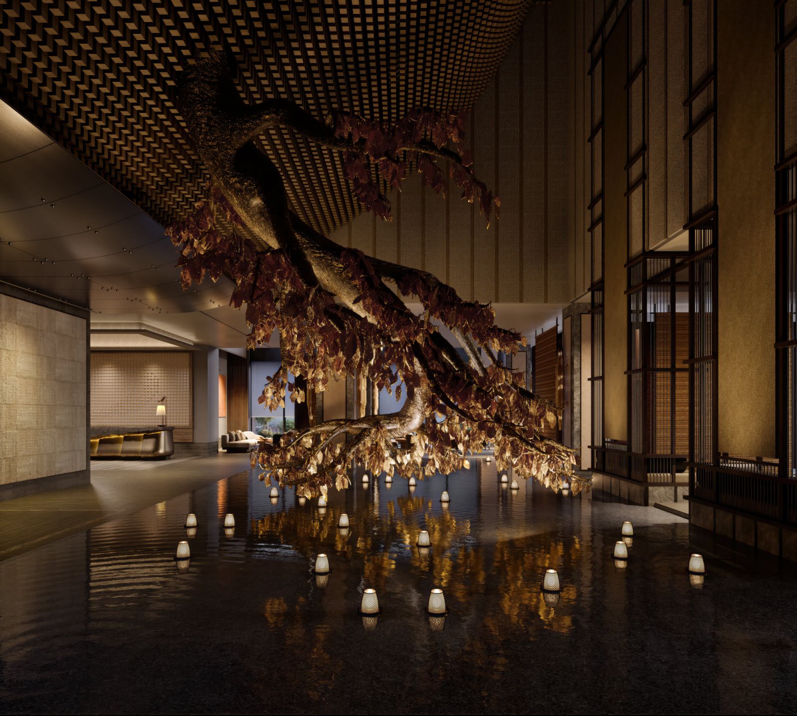An artist’s rendering of the 9th floor lobby