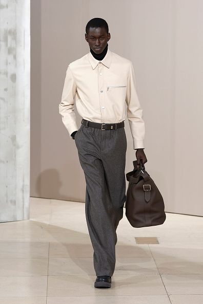 PARIS, FRANCE - JANUARY 25: (EDITORIAL USE ONLY - For Non-Editorial use please seek approval from Fashion House) A model walks the runway during the Hermès Menswear Fall-Winter 2025/2026 show as part of Paris Fashion Week on January 25, 2025 in Paris, France. (Photo by Estrop/Getty Images)
