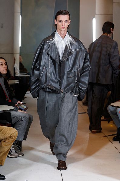 PARIS, FRANCE - JANUARY 25: (EDITORIAL USE ONLY - For Non-Editorial use please seek approval from Fashion House) A model walks the runway during the Hed Mayner Menswear Fall-Winter 2025/2026 show as part of Paris Fashion Week on January 25, 2025 in Paris, France. (Photo by Estrop/Getty Images)