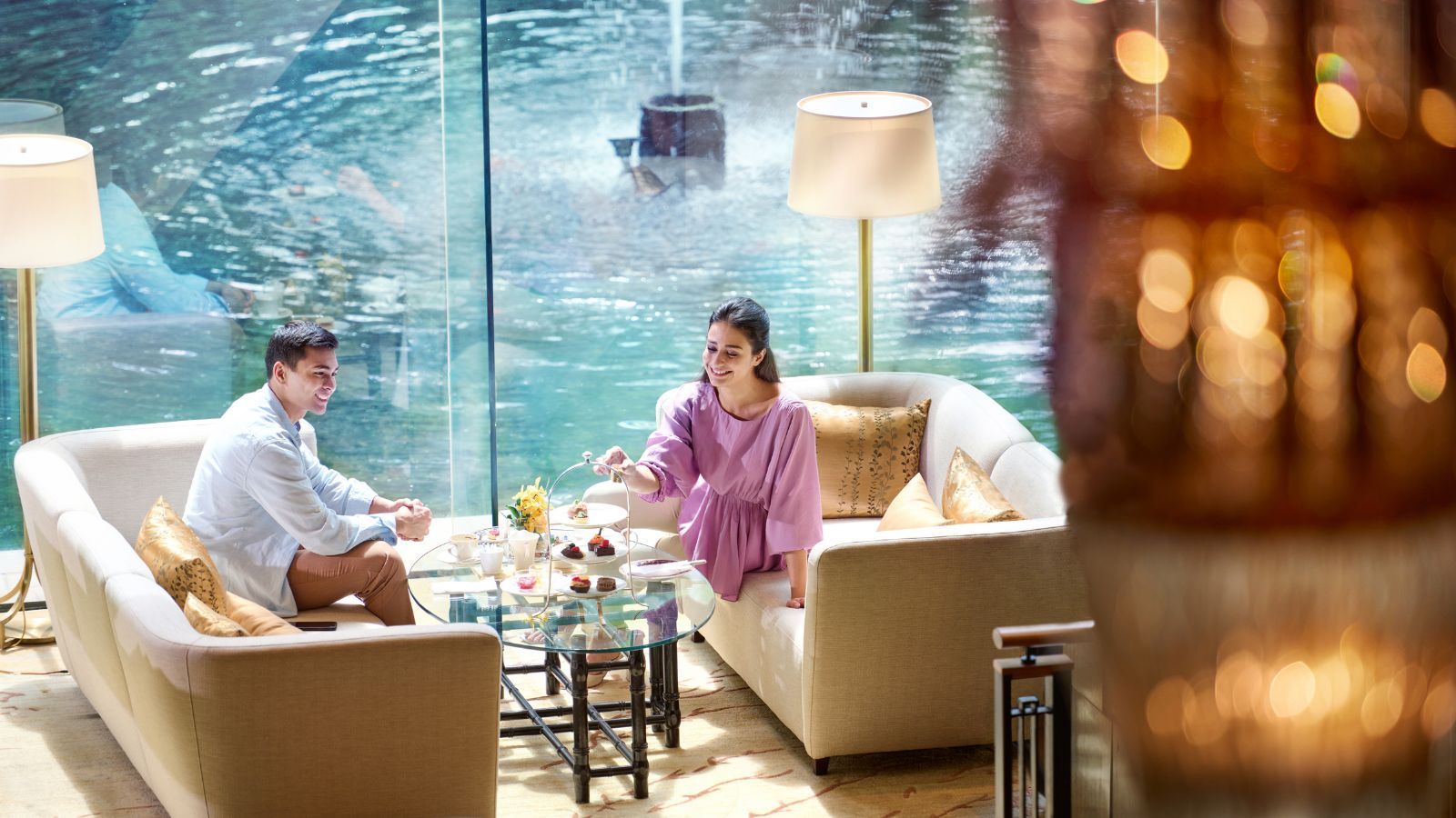 Guests indulge in high tea in Shangri-La Kuala Lumpur’s Lobby Lounge with fountain views (Photo: Shangri-La Kuala Lumpur)