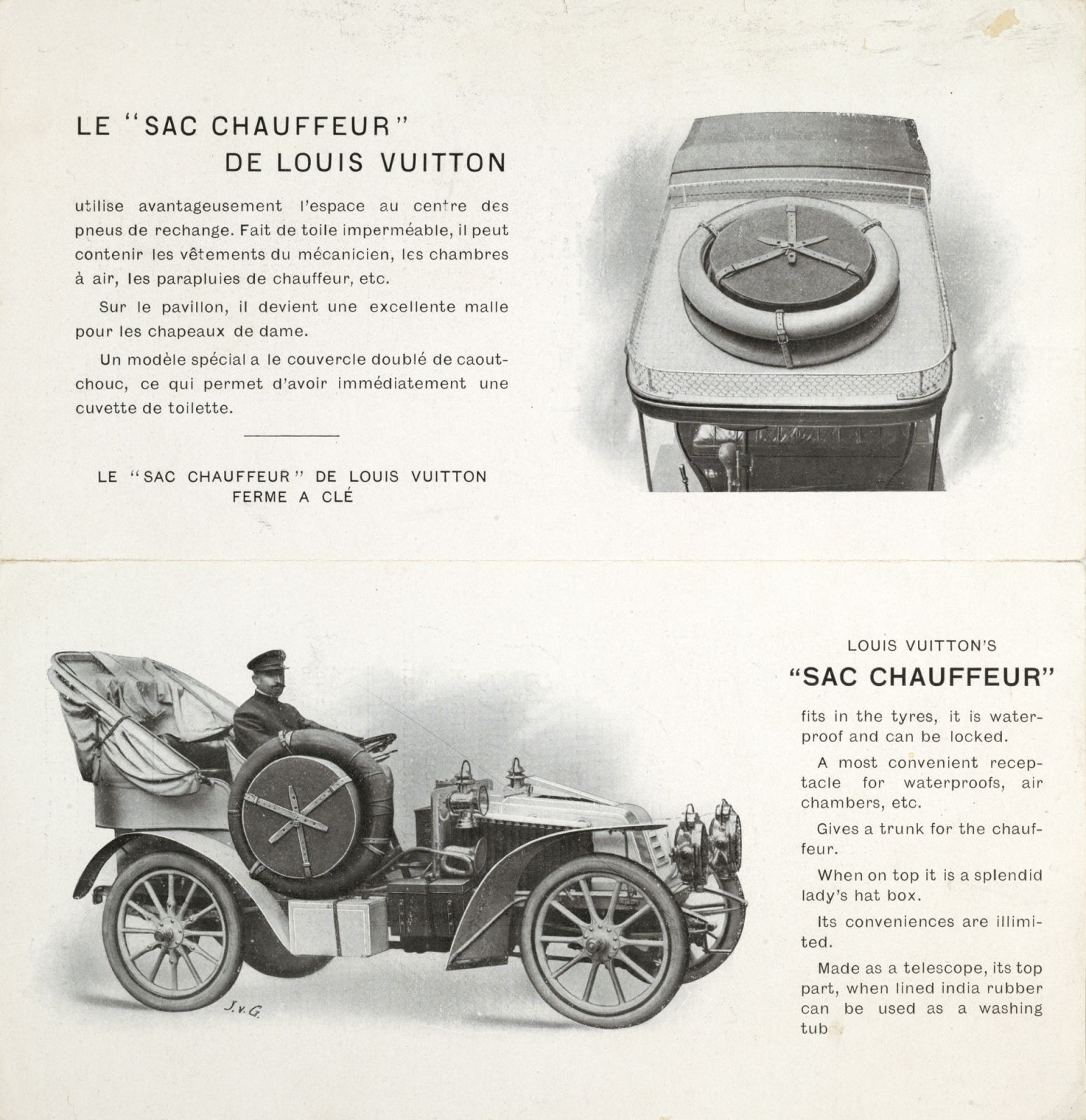 Depliant publicitaire  Le sac chauffeur de Louis Vuitton , 1905, en anglais et en francais.