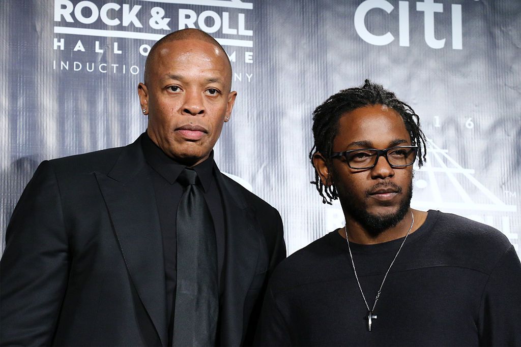 NEW YORK, NEW YORK - APRIL 08:  Dr. Dre (L) and Kendrick Lamar pose in the press room at the 31st Annual Rock And Roll Hall Of Fame Induction Ceremony at Barclays Center of Brooklyn on April 8, 2016 in New York City.  (Photo by Jim Spellman/WireImage for Rock and Roll Hall of Fame)