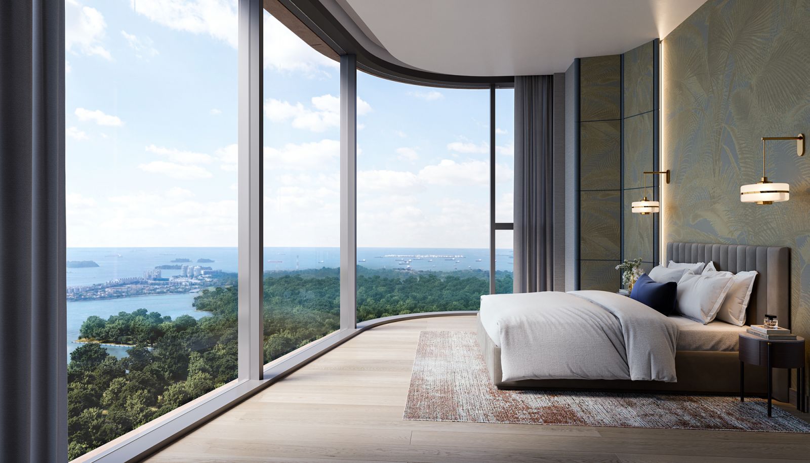 A bedroom with a spectacular view of land and sea at the Skywaters Residences