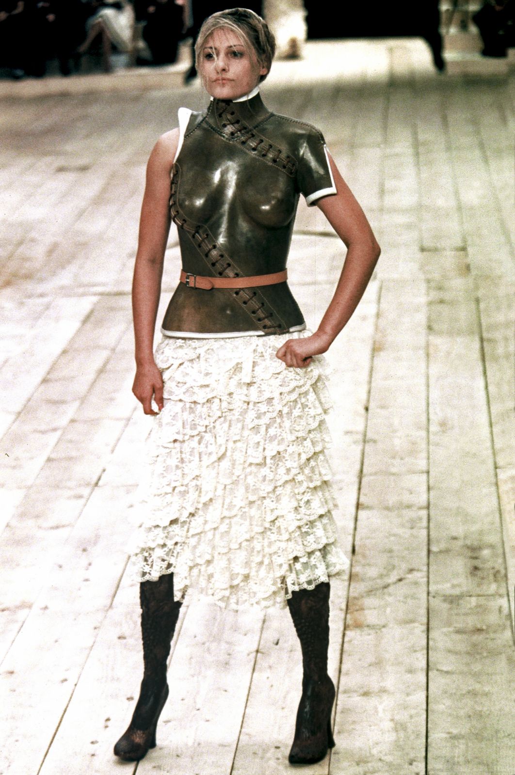 Aimee Mullins walks the runway during the Alexander McQueen Ready to Spring/Summer 1999 fashion show (Photo: Getty Images)