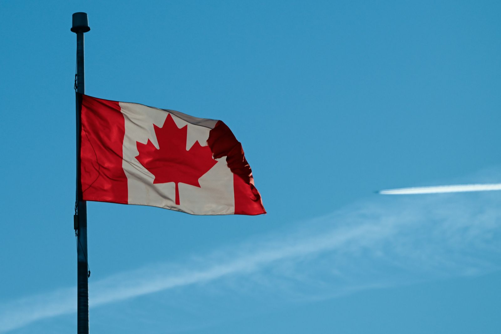 EDMONTON, CANADA - JANUARY 18:  
The Canadian National Flag waves under clear, sunny blue skies, in Edmonton, Alberta, on January 18, 2025. (Photo by Artur Widak/NurPhoto via Getty Images)