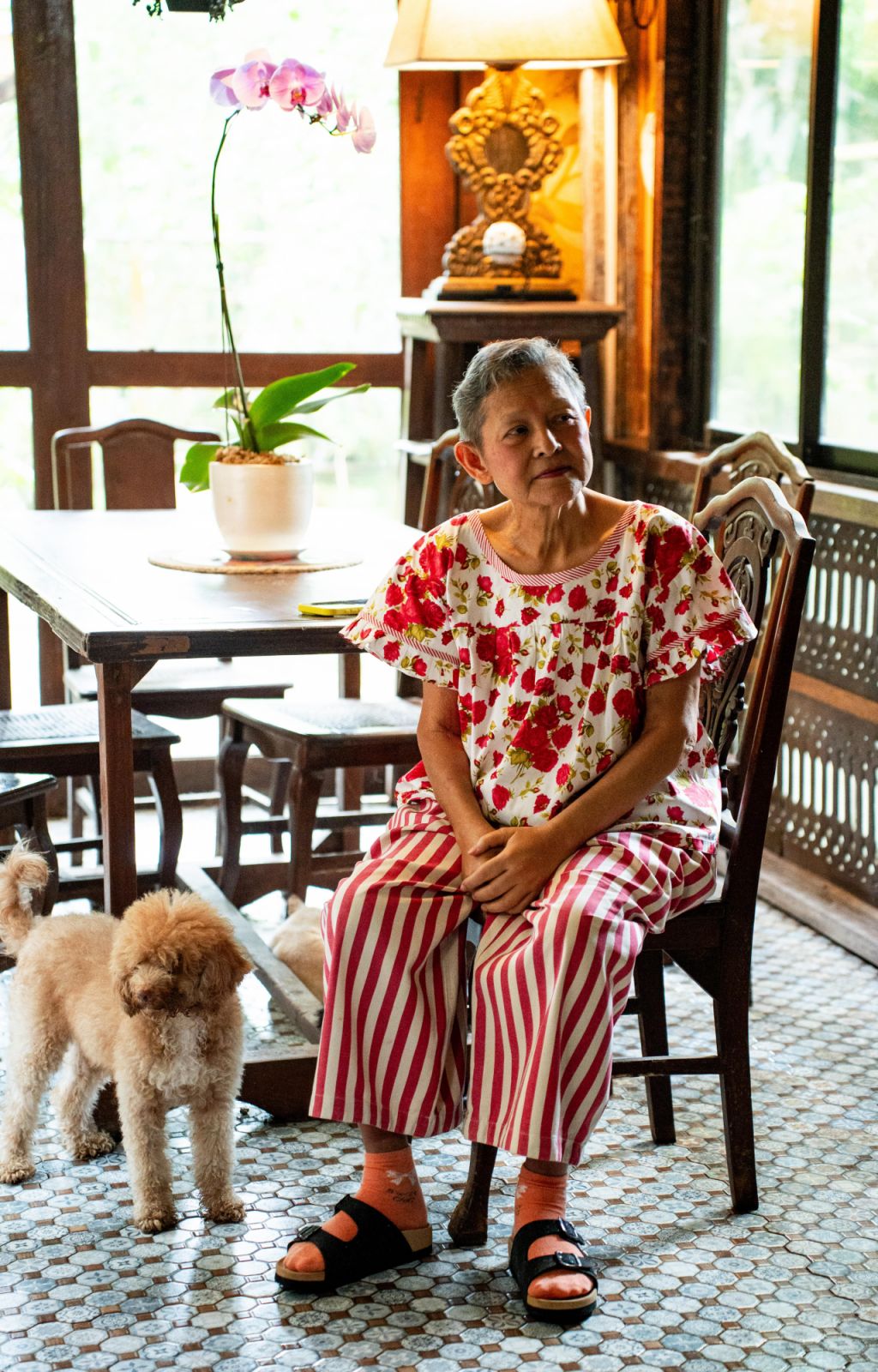 Patis Tesoro at home with one of her dogs (Photo: Jon Hipe)