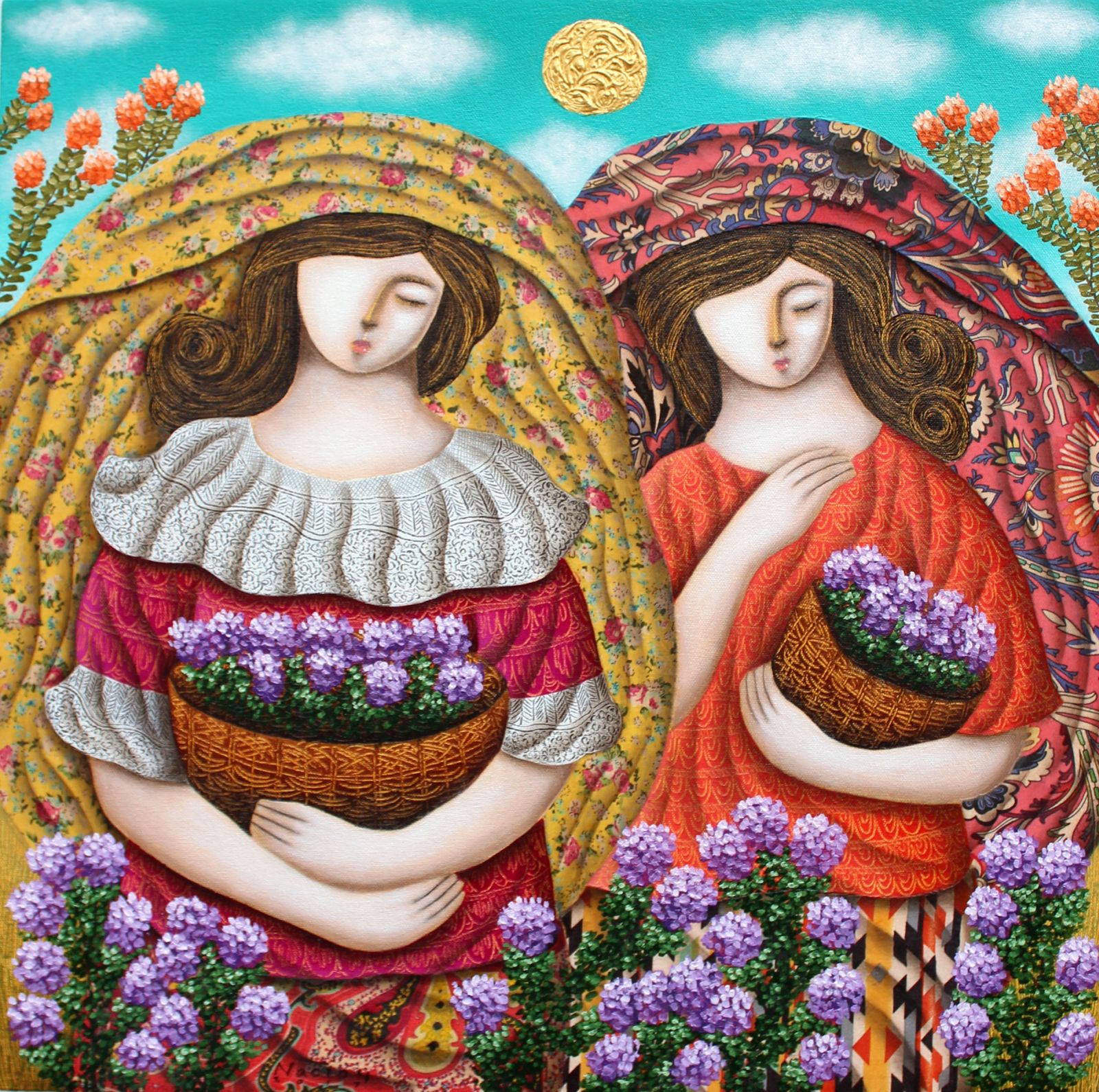 The fragrance of flowers. Oil and textile on canvas 2018. (Photo courtesy of Francis Nacion)