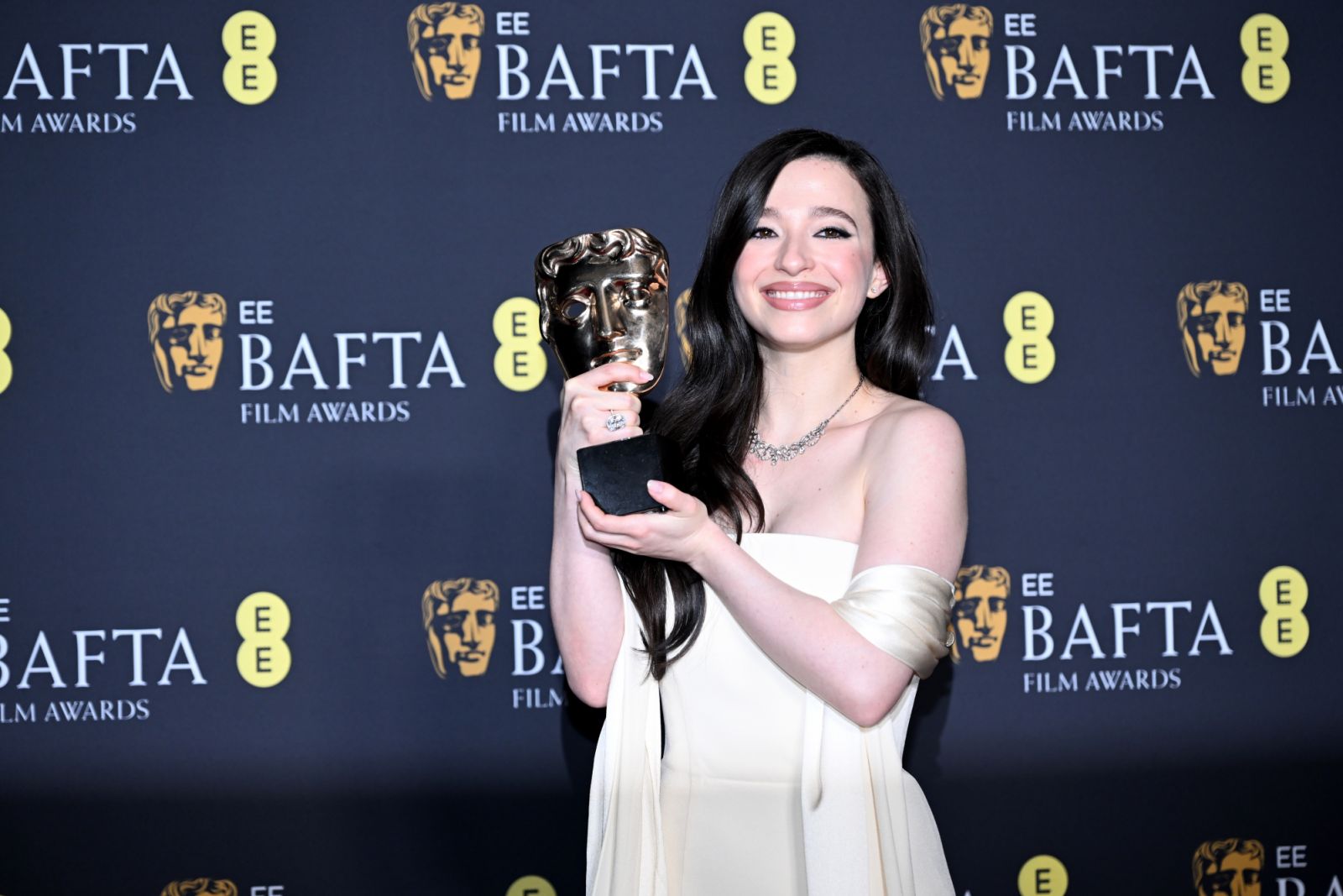 LONDON, ENGLAND - FEBRUARY 16: Mikey Madison poses with the Leading Actress Award for 'Anora' in the winners room during the 2025 EE BAFTA Film Awards at The Royal Festival Hall on February 16, 2025 in London, England. (Photo by Kate Green/Getty Images)