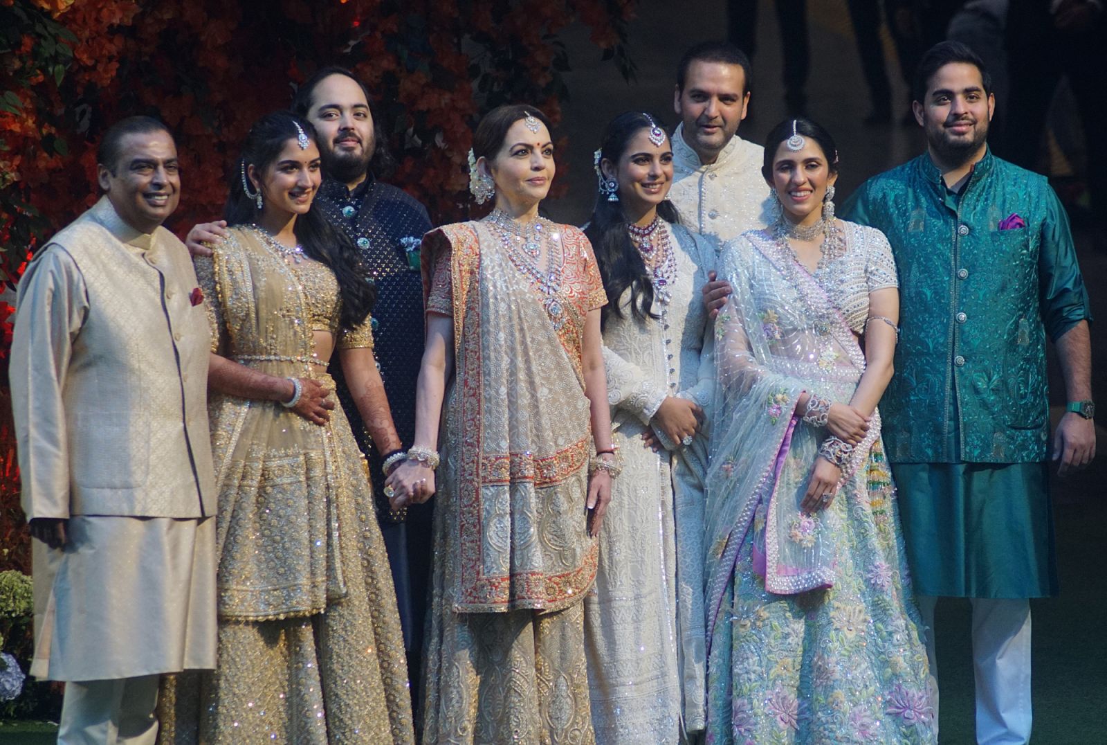 Mukeah Ambani, Nita Ambani, Isha Ambani, Anand Piramal, Shloka Mehta and Akash Ambani attend the Anant Ambani and Radhika Merchant's engagement ceremony. (Photo by Prodip Guha/Getty Images)