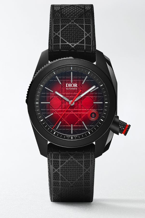 The asymmetrical case with a notched upper left side and enlarged, tapered right side of the Dior Chiffre Rouge in 38mm