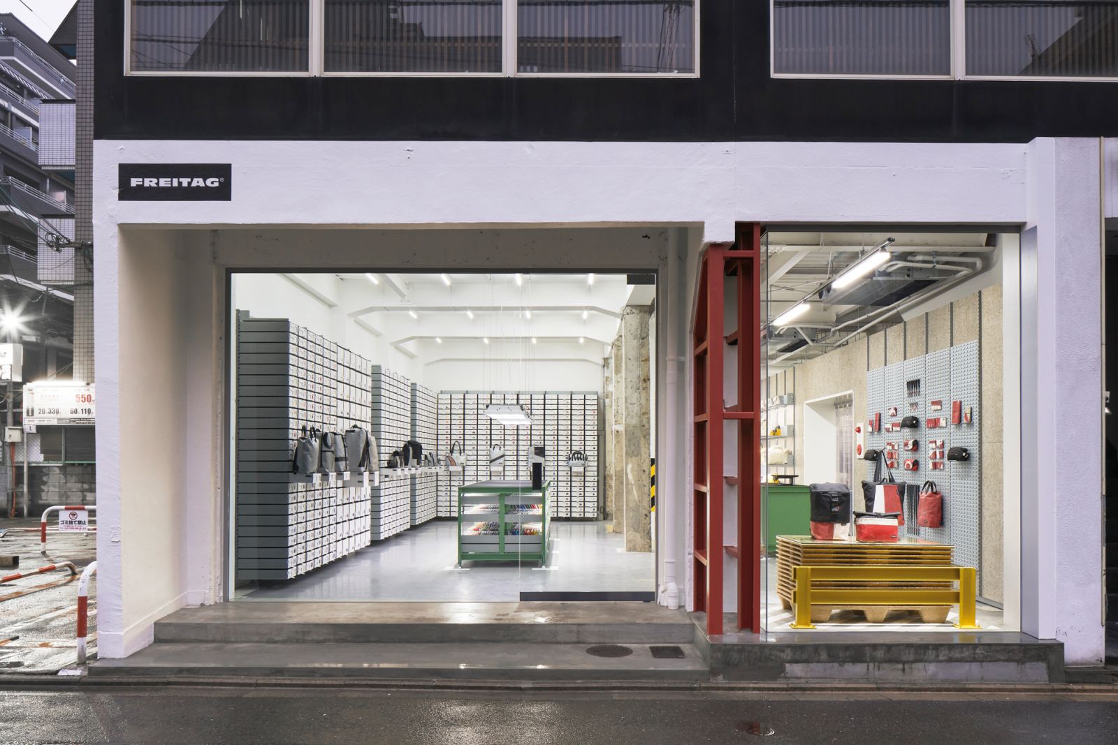 Entering the Freitag Kyoto store, designed by Torafu Architects