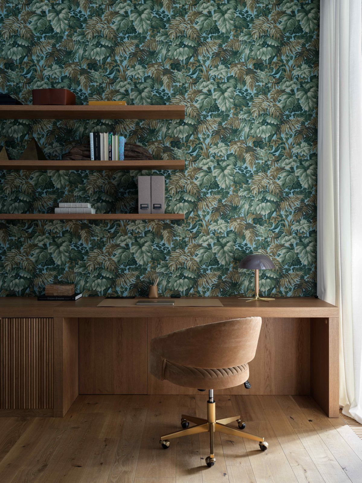 The foliage-themed wallpaper complements the furnishing in warm brown hues