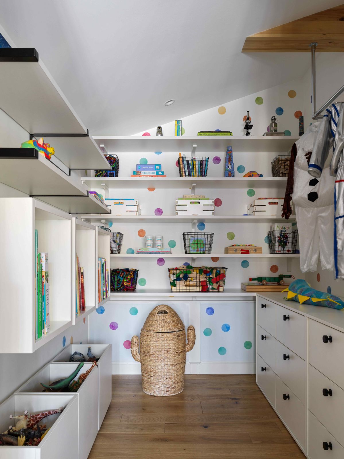 The polka dot-themed storage room with ample clutter-free solutions