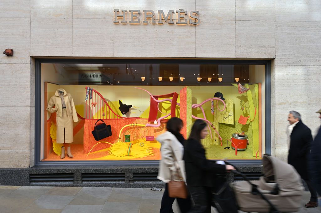 LONDON, ENGLAND - FEBRUARY 17: A general exterior view of the Hermes luxury fashion label store in New Bond Street, Mayfair on February 17, 2025 in London, United Kingdom. (Photo by John Keeble/Getty Images)