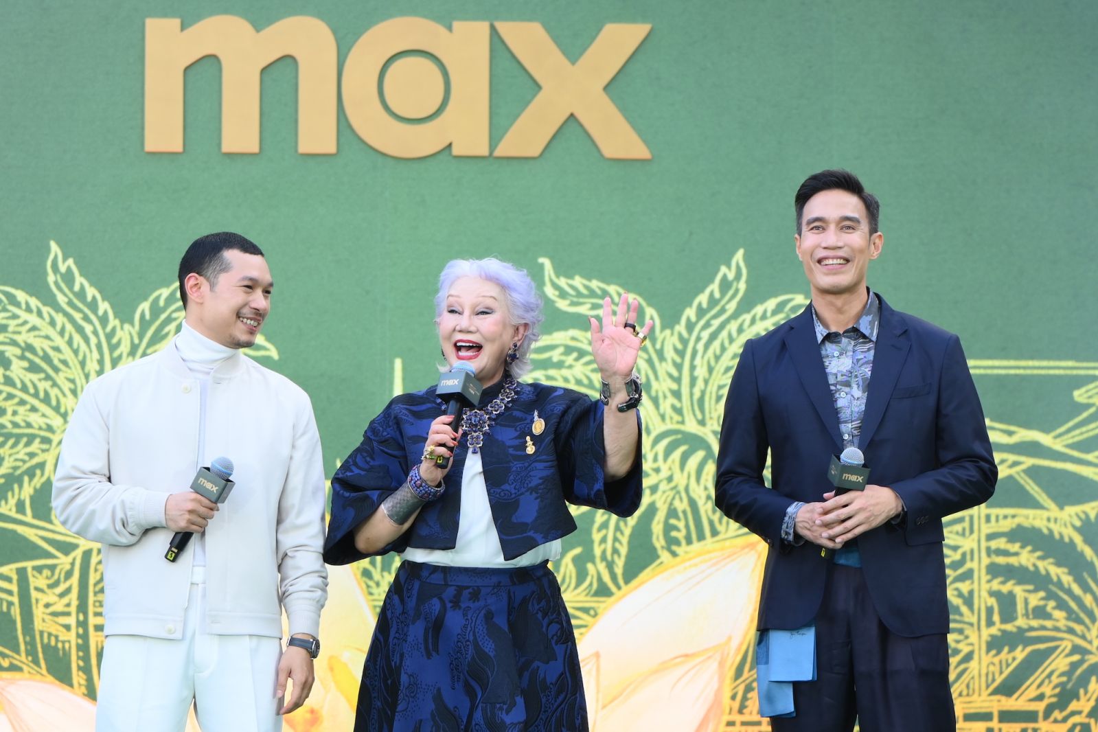 Actors Tayme Thapthimthong, Lek Patravadi and Dom Hetrakul at the red carpet premiere of The White Lotus in Bangkok last month