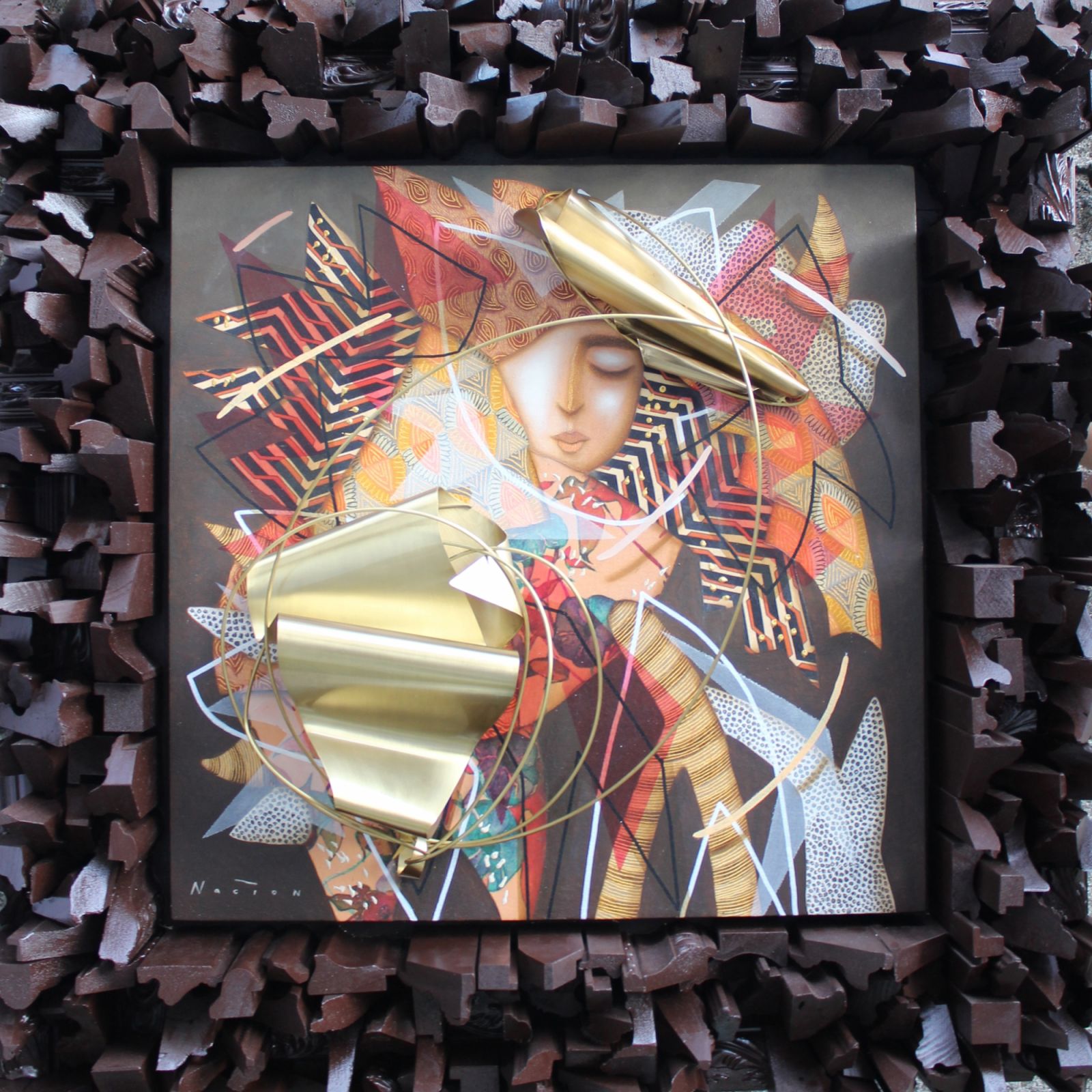 Gatekeeper of the Astral Bridge 2025 24 in x 24 in Brass and Oil on canvas , Nacion and Dangue (Photo courtesy of Jonathan Dangue)
